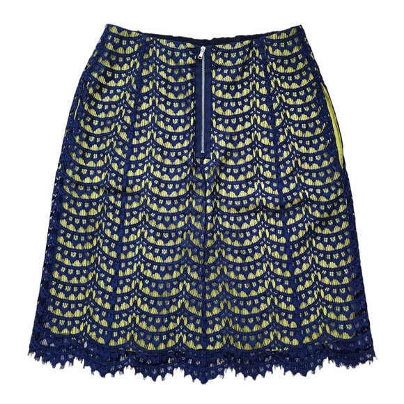 Carven Blue Lace Crochet Layer Yellow Scallop Hem Skirt Small 36 - Picture 2 of 4